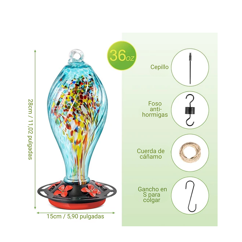 Colibries Bebedero Aves Colgante 36oz En Vidrio Soplado 8