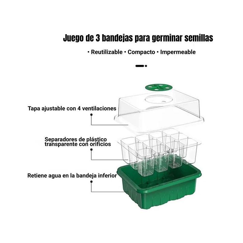 Kit Germinacion X3 Bandejas + Cupula Y Herramientas Plantas 5