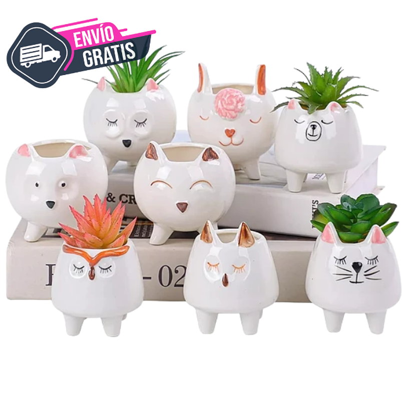 Juego Macetas x8 en Cerámica Premium Diseño Animalitos 1
