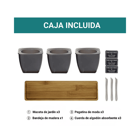 Juego x3 macetas plasticas más bandeja en bambú sistema autoriego 5