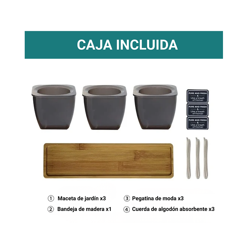 Juego x3 macetas plasticas más bandeja en bambú sistema autoriego 5