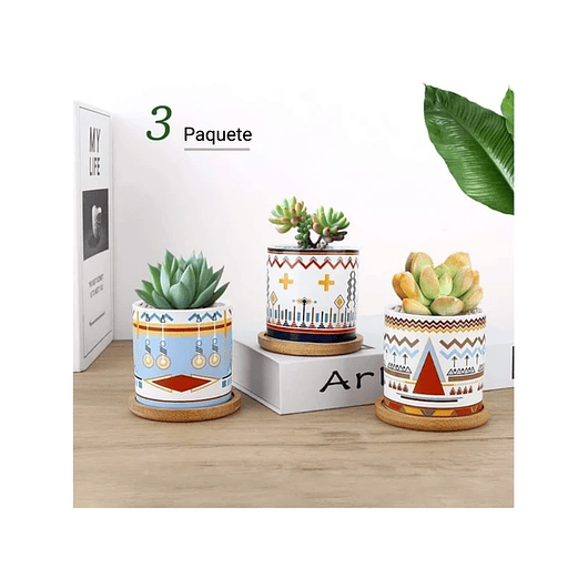 Juego Macetas Cerámica x3 Unidades Más Plato Bambú Diseño Geométrico 1