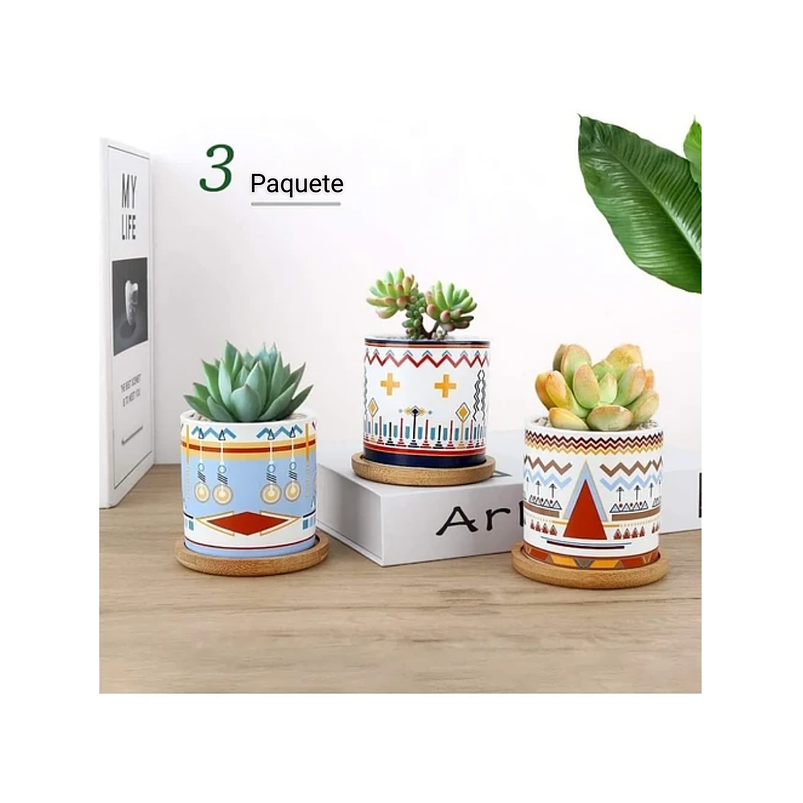 Juego Macetas Cerámica x3 Unidades Más Plato Bambú Diseño Geométrico 1