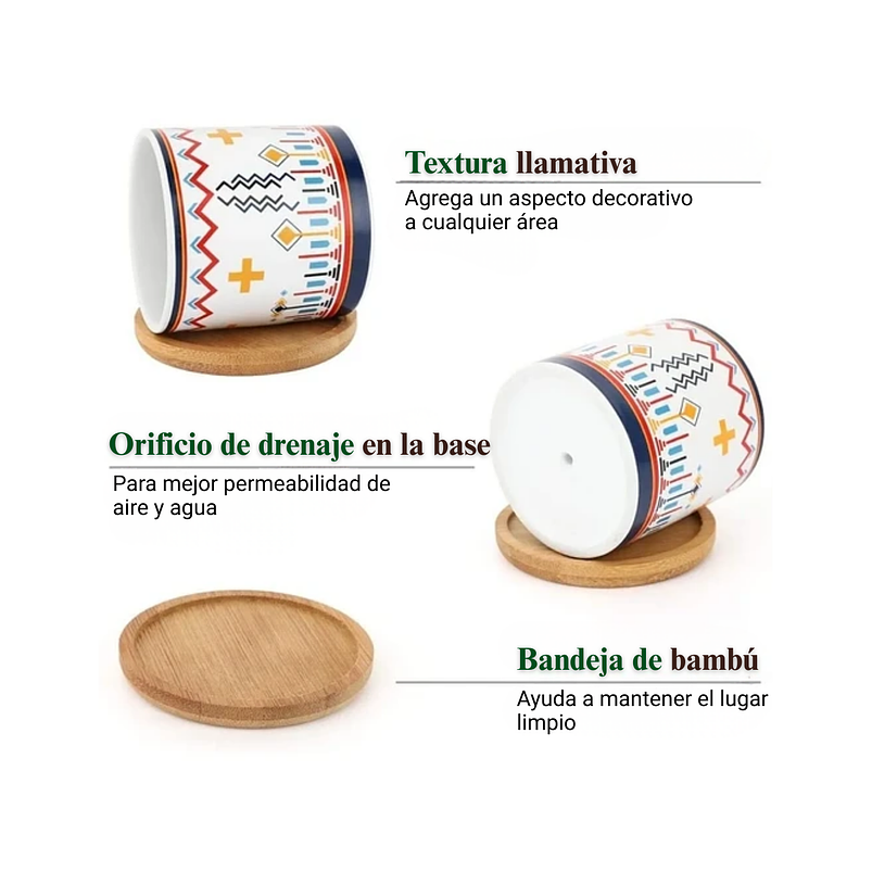 Juego Macetas Cerámica x3 Unidades Más Plato Bambú Diseño Geométrico 3