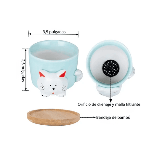 Juego Macetas x4 Cerámica Fina Diseño Animalitos Más plato Bambú 8