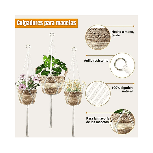 3 Macetas Fibra Natural Más Macramé Colgar Multitamaño 5