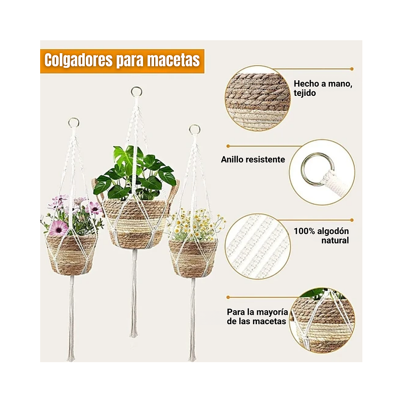 3 Macetas Fibra Natural Más Macramé Colgar Multitamaño 5