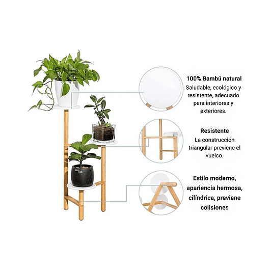 Soporte Macetas De Plantas En Bambú x3 Puestos Blanco 6
