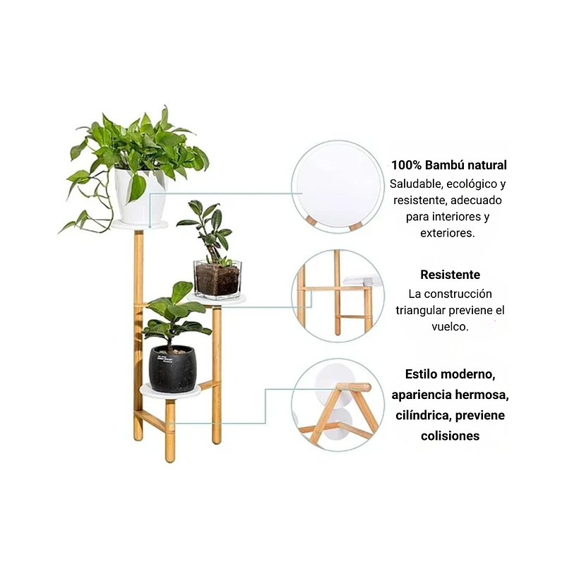 Soporte Macetas De Plantas En Bambú x3 Puestos Blanco 6