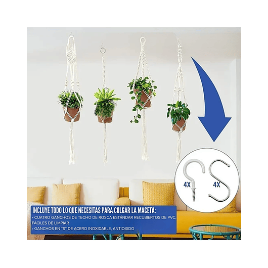 Soporte Colgante Para Plantas x4 Unidades En Macramé Más Gancho 3