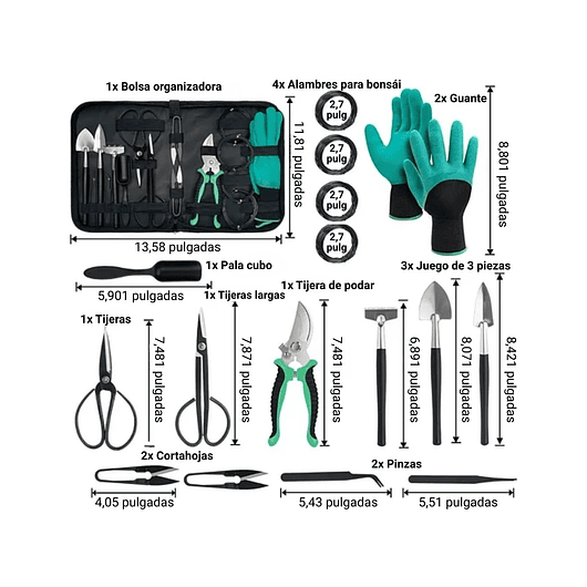 Kit Herramientas Bonsai Acero Profesional x18 Piezas Más Estuche 2