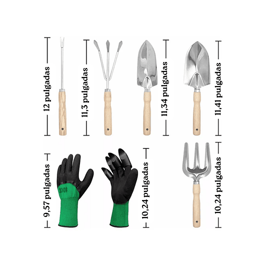 Kit Herramientas Jardín x5 más guantes Acero Inoxidable Mango Madera 4