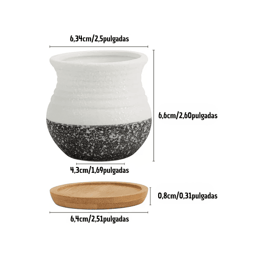 Juego Macetas X6unid Cerámica + Plato Bambú 6cmx6cm Suculeta 2