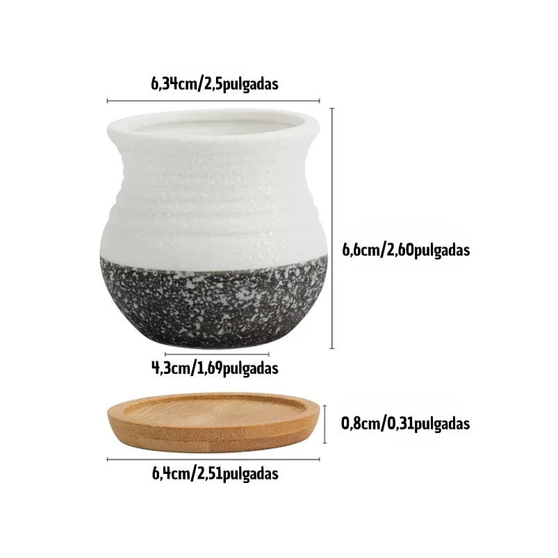 Juego Macetas X6unid Cerámica + Plato Bambú 6cmx6cm Suculeta 2