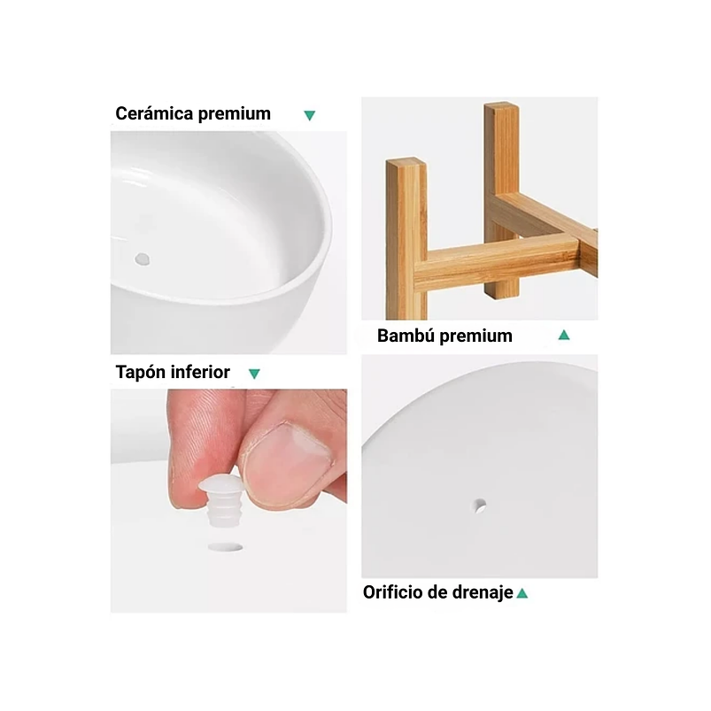 Maceta Cerámica Premium más Soporte Mesa Plantas Suculentas Blanco 5