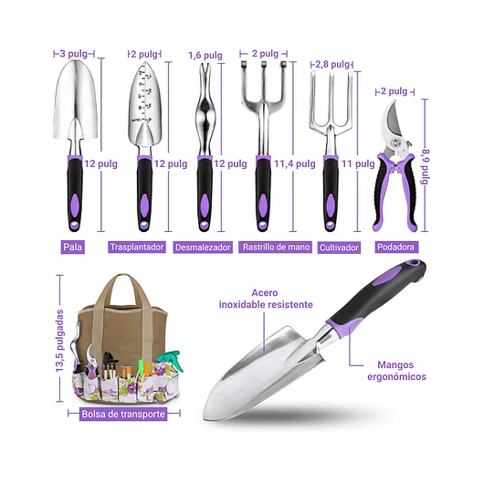 Kit Full Herramientas Jardín Siembra x62 piezas Aluminio más Bolso 10