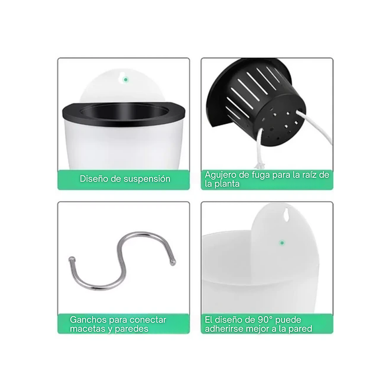 Maceta Plástica Pared Sistema Autoriego Blanca 13cm alto x 11cm 2