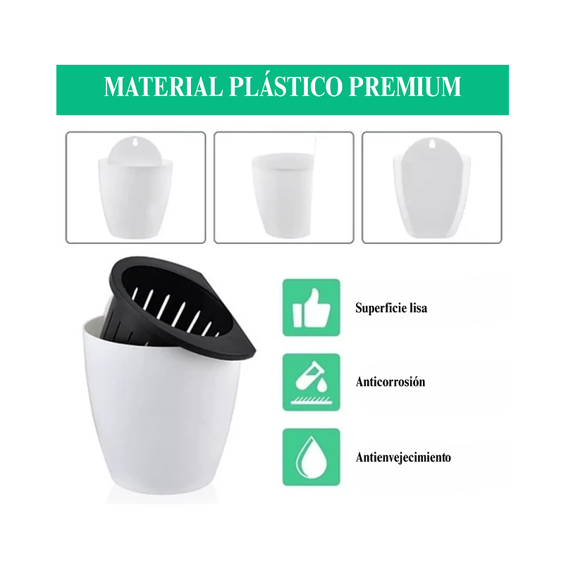 Maceta Plástica Pared Sistema Autoriego Blanca 13cm alto x 11cm 3