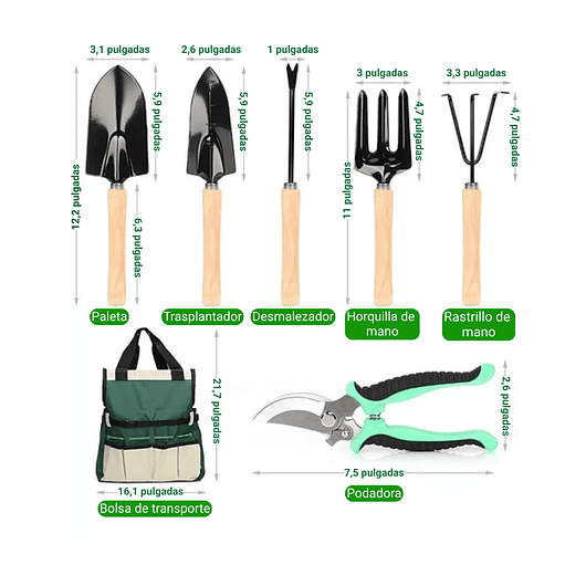 Kit Esencial Herramientas Jardinería x9 Piezas más Bolso 2