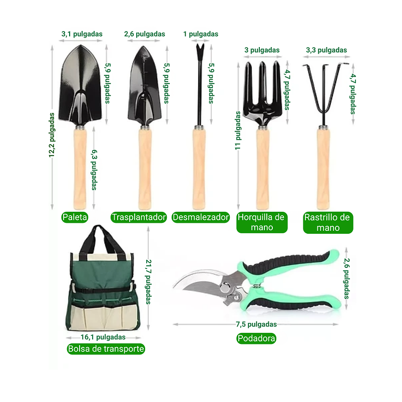 Kit Esencial Herramientas Jardinería x9 Piezas más Bolso 2