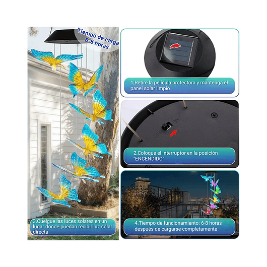 Campana De Viento Jardín Luces Led X6 Carga Solar Mariposas 7
