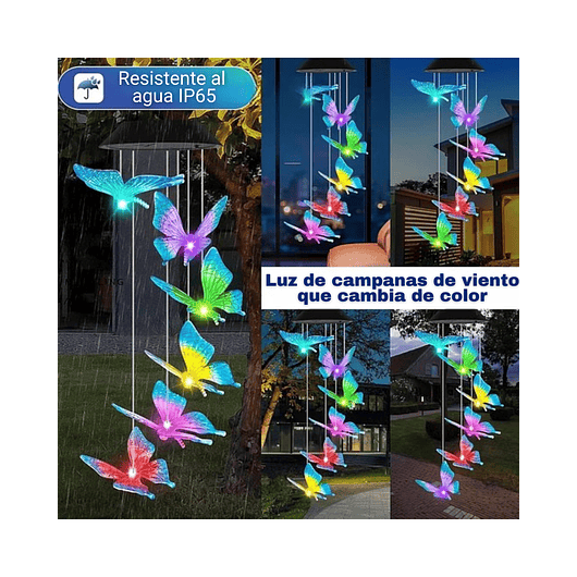 Campana De Viento Jardín Luces Led X6 Carga Solar Mariposas 8