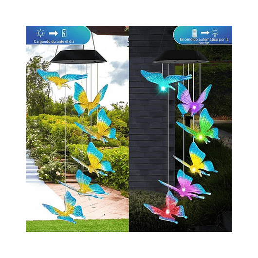 Campana De Viento Jardín Luces Led X6 Carga Solar Mariposas 9