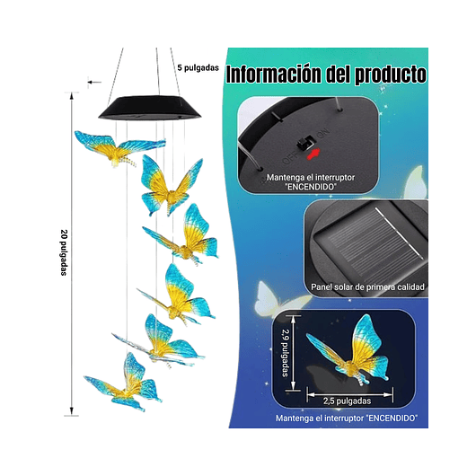 Campana De Viento Jardín Luces Led X6 Carga Solar Mariposas 3