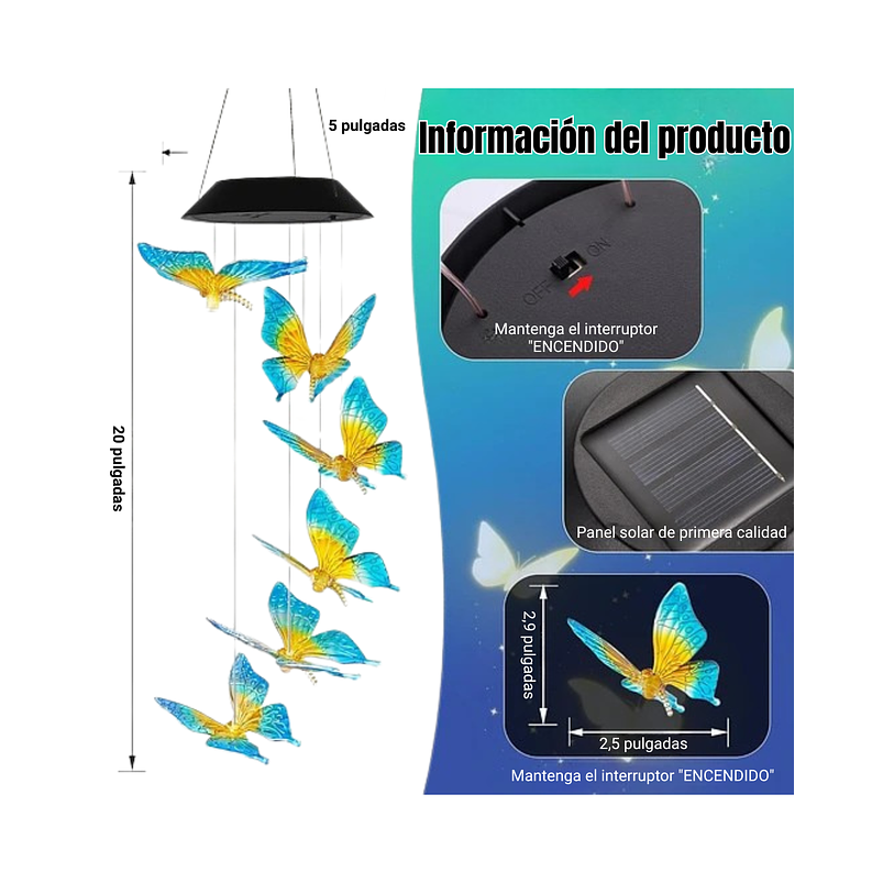 Campana De Viento Jardín Luces Led X6 Carga Solar Mariposas 3