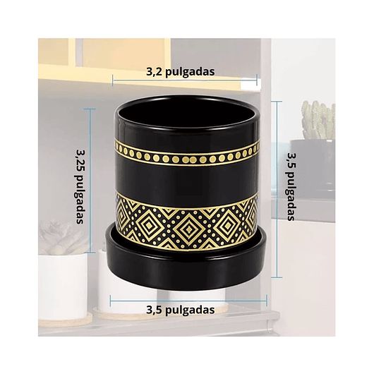 Juego Maceta Cerámica X6+plato Negro Dorado 9cm Altox8cm Dia Negro -Dorado Negro 5