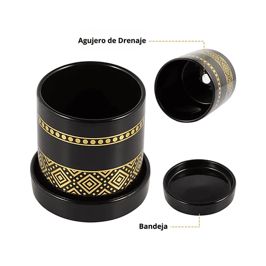 Juego Maceta Cerámica X6+plato Negro Dorado 9cm Altox8cm Dia Negro -Dorado Negro 2