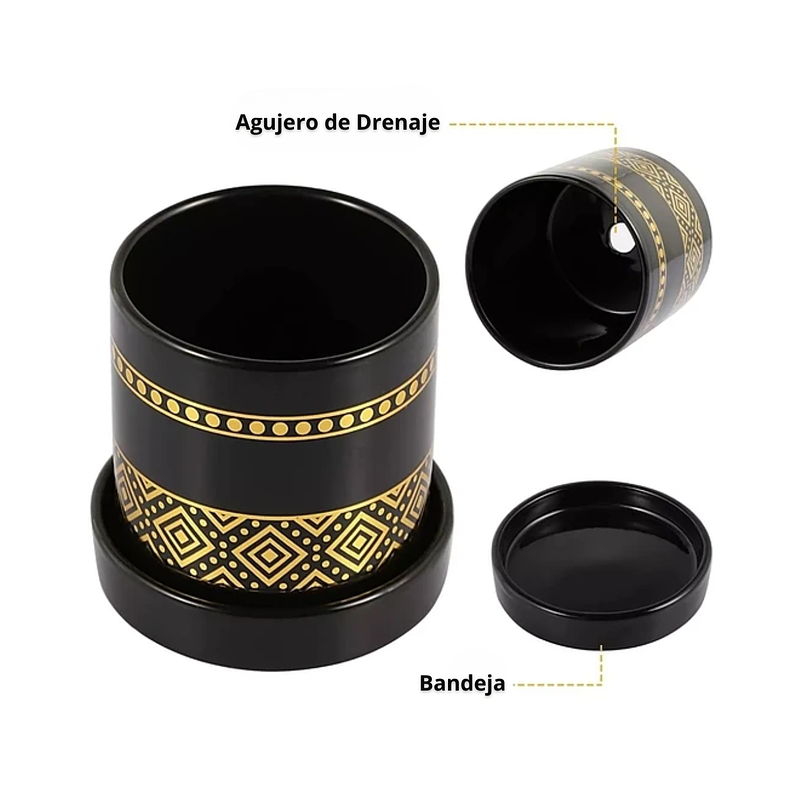 Juego Maceta Cerámica X6+plato Negro Dorado 9cm Altox8cm Dia Negro -Dorado Negro 2