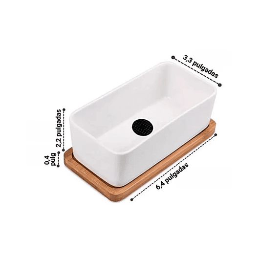 Maceta Cerámica Rectangular Blanca más plato en Bambu 16cm Largo 2