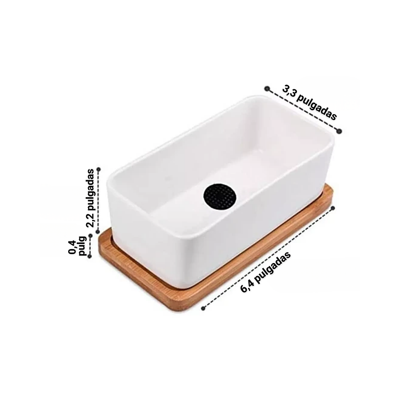 Maceta Cerámica Rectangular Blanca más plato en Bambu 16cm Largo 2