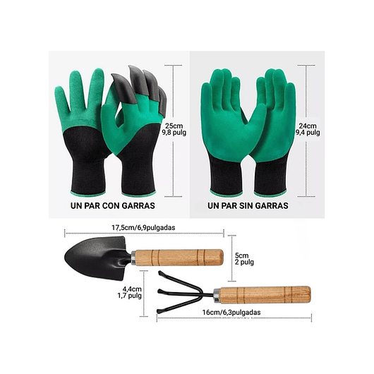 Guantes de Jardinería x2 pares Verde más garras pala Cultivador Talla Unica  2