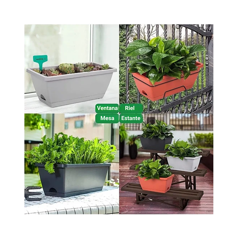 Maceta Rectangular Jardinería 35cm Largo Gris Autoriego 3