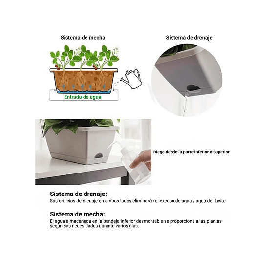 Maceta Rectangular Jardinería 35cm Largo Gris Autoriego 5