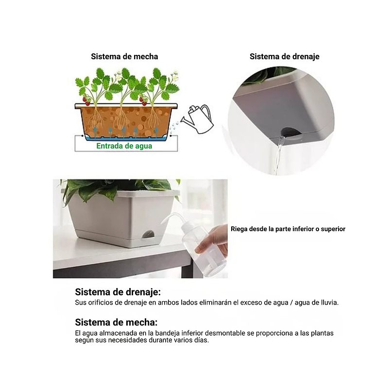 Maceta Rectangular Jardinería 35cm Largo Gris Autoriego 5