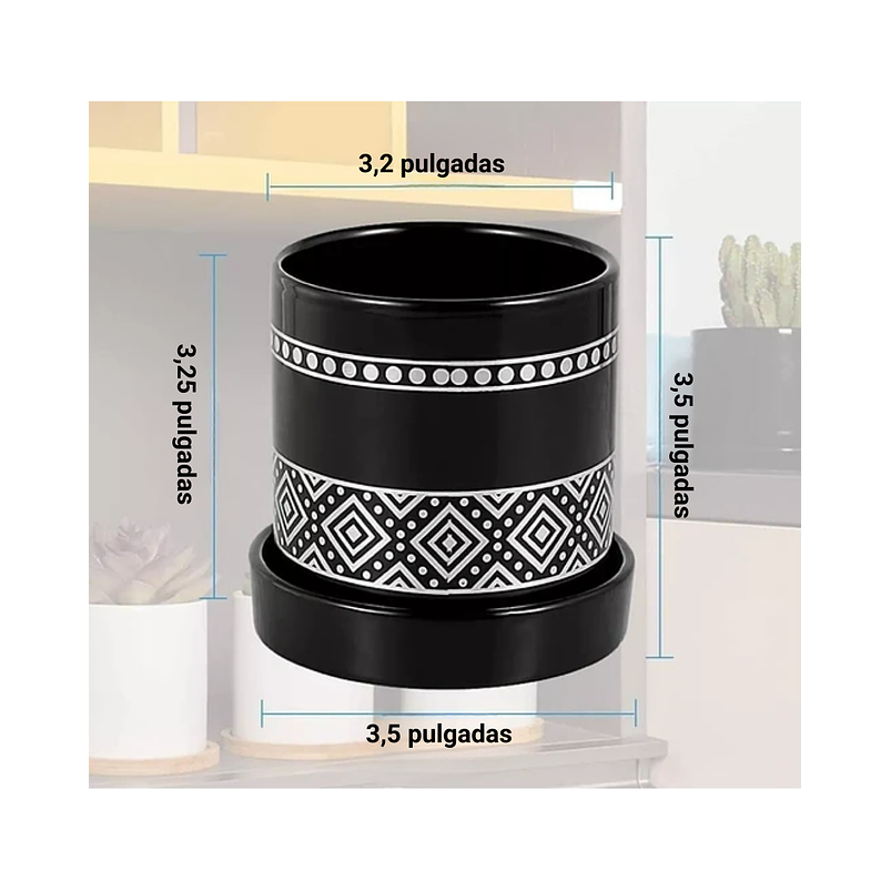 Juego Maceta Cerámica x6 Piezas Diseño Tejido 9cm Alto x 8cm Negro Plata 4