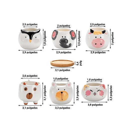 Juego Macetas Cerámica Cactus Y Suculentas X6 Pz Animalitos 2