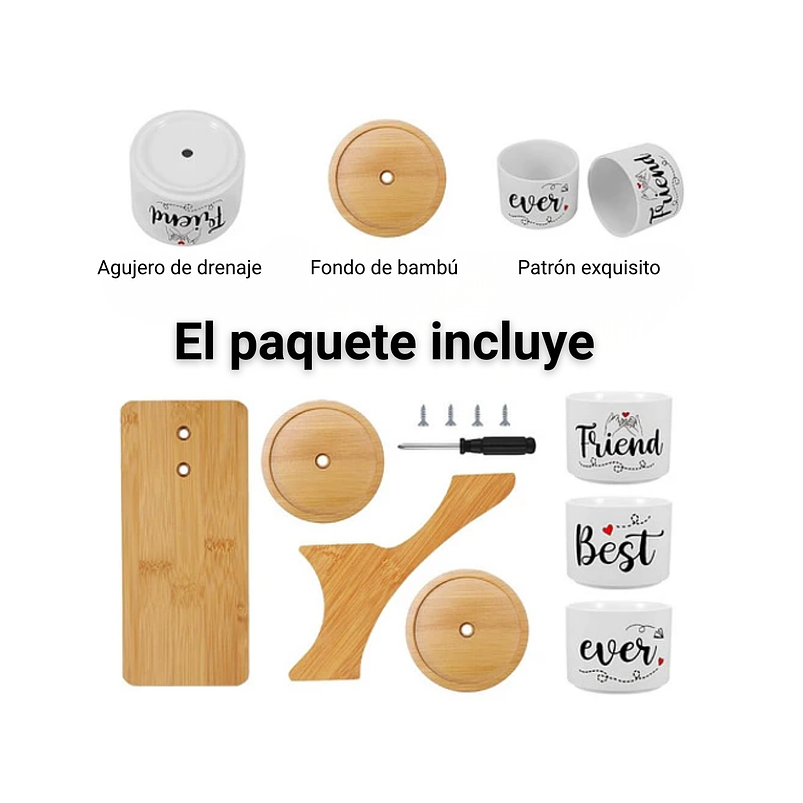 Soporte en Bambu más Macetas Cerámica de Plantas x3 Piezas Amigos 7