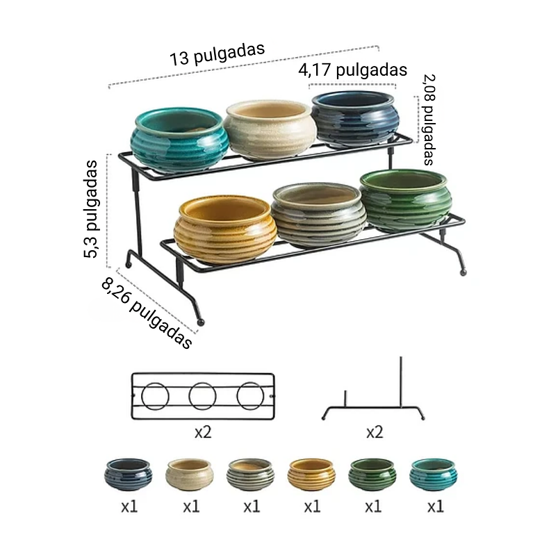 Juego Macetas Cerámica Premiun Suculenta x6 Piezas más soporte Mesa 2
