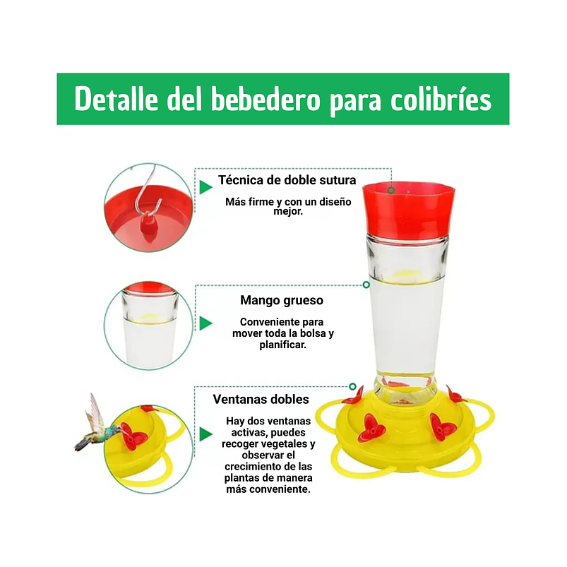 Bebedero Aves Colibríes Cilíndrico Colgar Vidrio x5 Flores 3