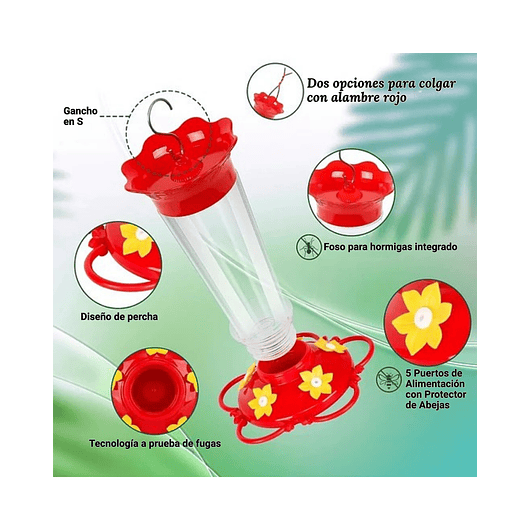 Bebedero Aves Colibríes Plástico de Jardín Colgante x10oz x2 unidades 5