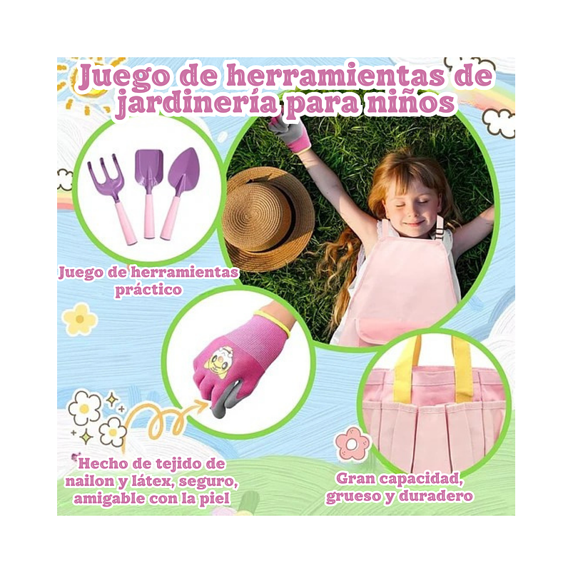 Kit Herramientas Jardín Plantas Niñas x5 Piezas más Bolso 6