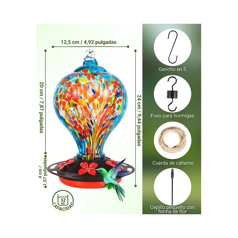Colibries Bebedero Aves Colgante En Vidrio Soplado A Mano 2