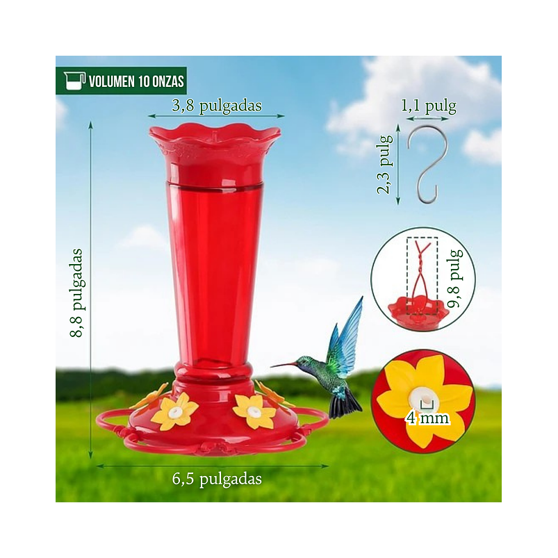 Bebedero Aves Colibríes En Vidrio Para Jardín Colgante x10oz 2
