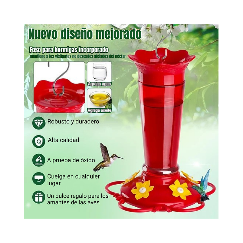 Bebedero Aves Colibríes En Vidrio Para Jardín Colgante x10oz 3