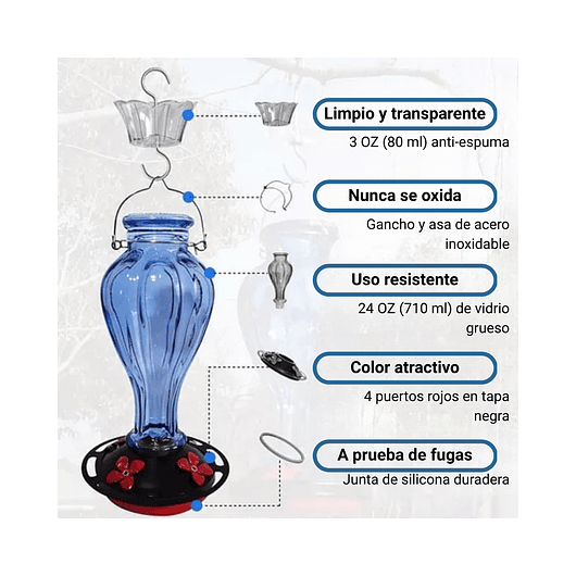 Bebedero De Colibríes Colgante 24 Oz Vidrio Vintage 15