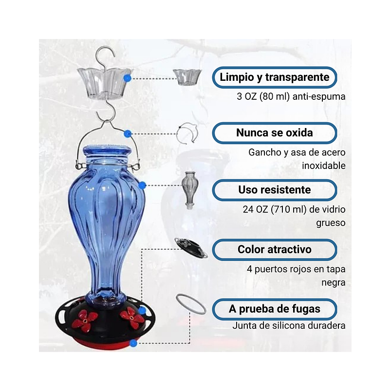 Bebedero De Colibríes Colgante 24 Oz Vidrio Vintage 15